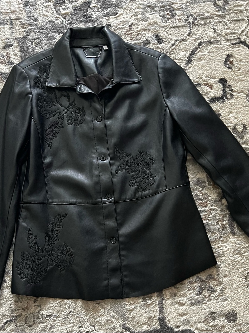 Chico's Black Faux Leather Button-Front Jacket with Tonal Floral Appliqué